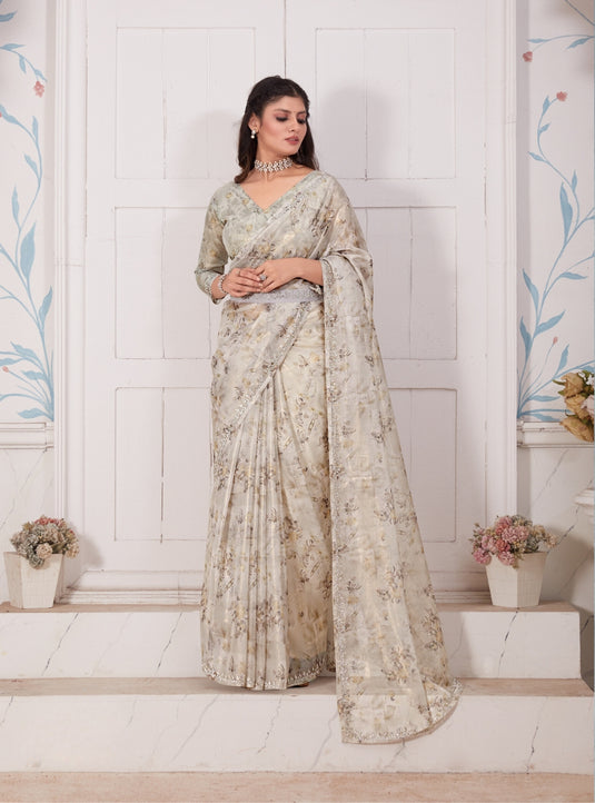 Grey Radiant Premium Metallic Organza Floral Digital Printed Saree