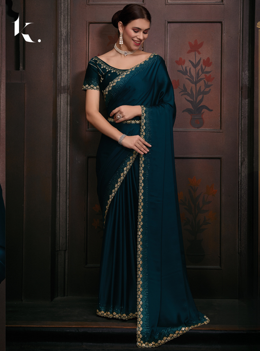 Teal Blue Radiant Premium Satin Silk Swarovski Work Saree