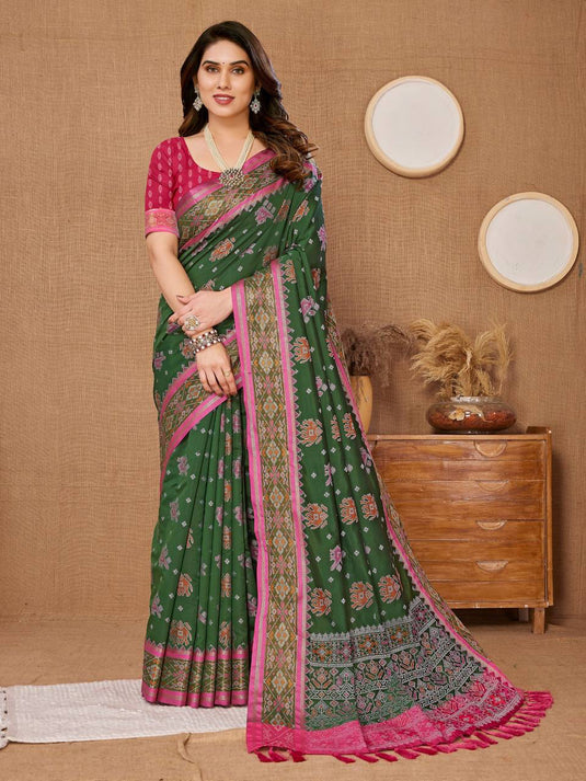 Bottle Green Soft Banarasi Silk Zari Weaving Traditional Motif Saree