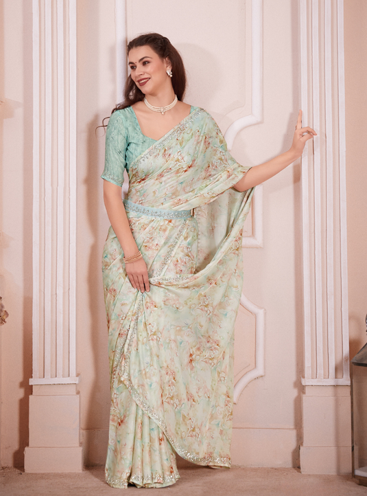 Beige Radiant Premium Satin Floral Digital Printed Saree