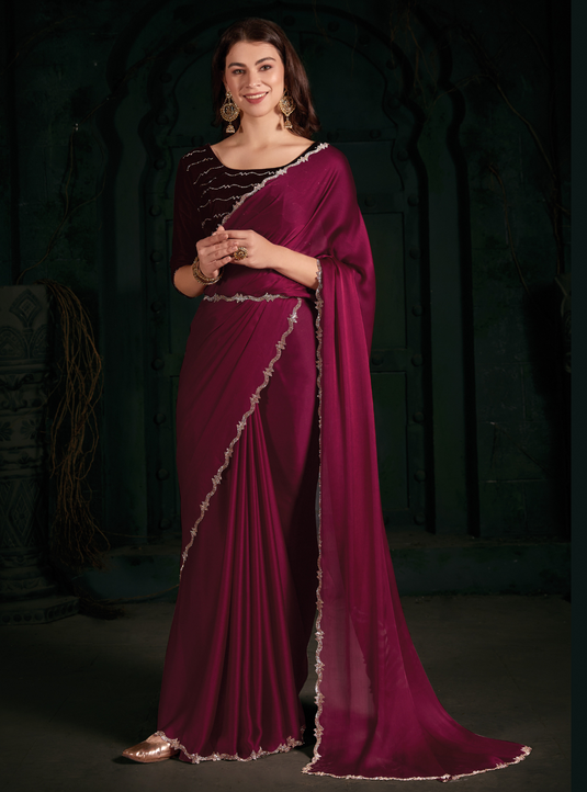 Pink Latest Georgette Silk Plain Handwork Border Saree