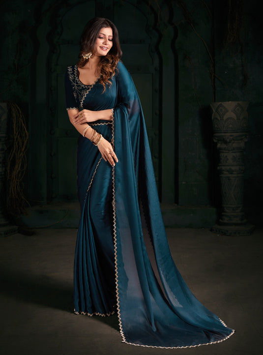 Teal Blue Radiant Georgette Silk Plain Handwork Border Saree