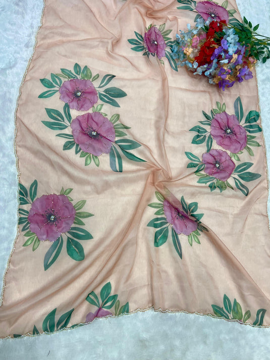 Peach Taby Organza Floral Print Hand Cutdana Work Saree