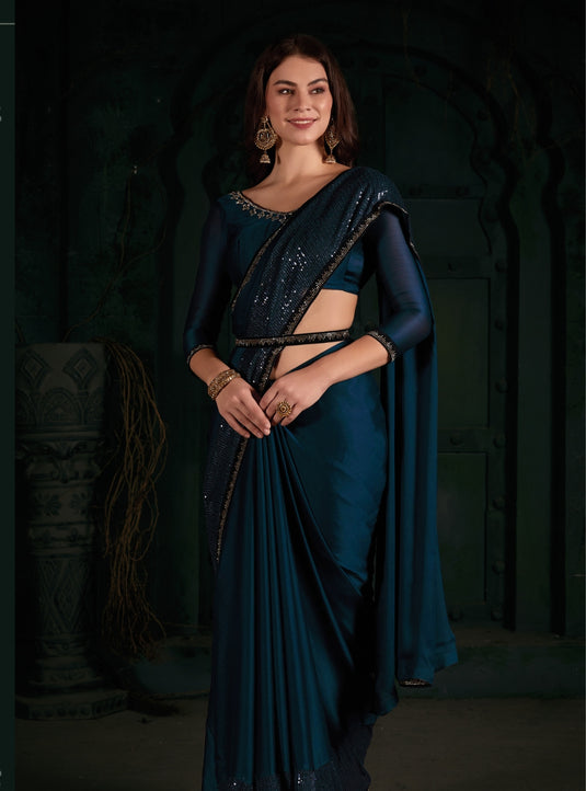 Teal Blue Radiant Premium Satin Sequence Embroidered Work Saree