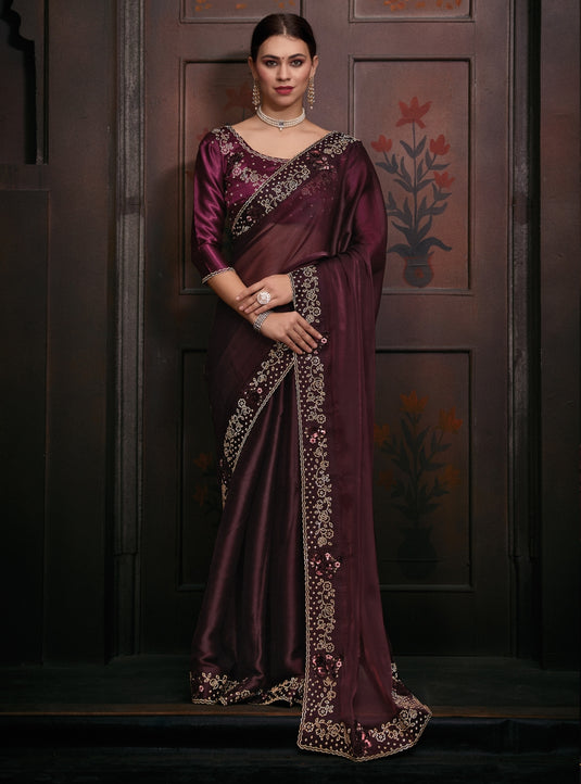 Wine Radiant Premium Metallic Organza Stone Work Saree