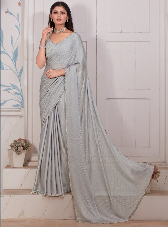 Grey Majestic Premium Satin Swarovski Work Saree