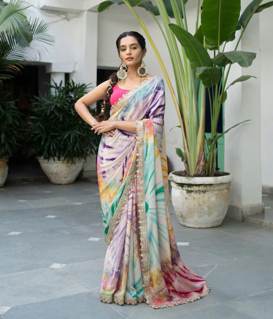 White Premium Chinon Digital Print Sequence Work Lace Saree