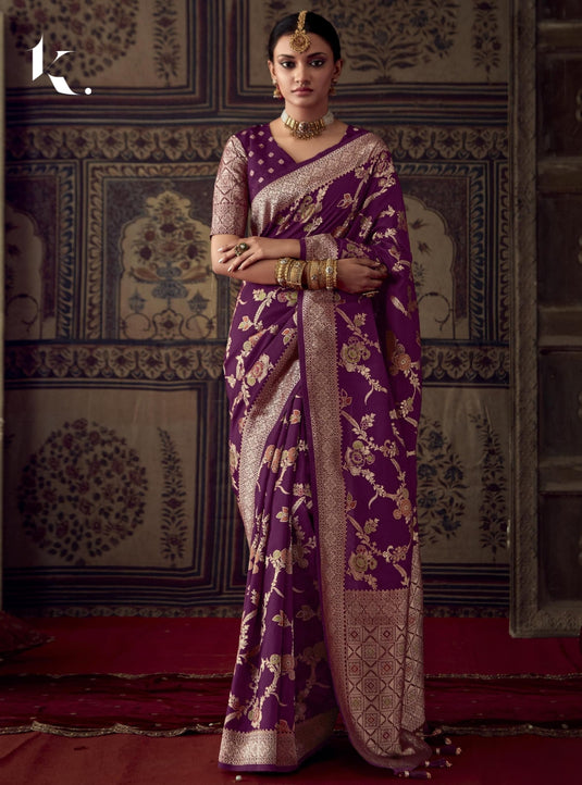 Purple Pure Dola Silk Meenakari Weaving Traditional Saree