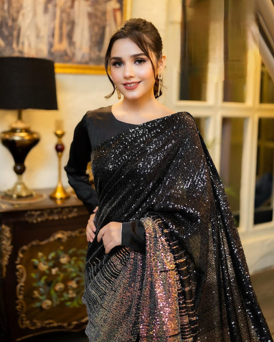 Black Sequence Embroidered Ombre Cocktail Wear Saree