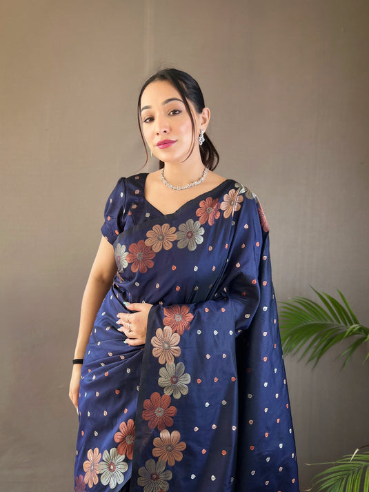 Navy Blue classic soft silk copper and gold floral weaving saree