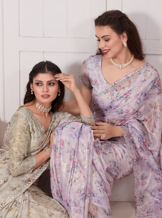 Grey Radiant Premium Metallic Organza Floral Digital Printed Saree