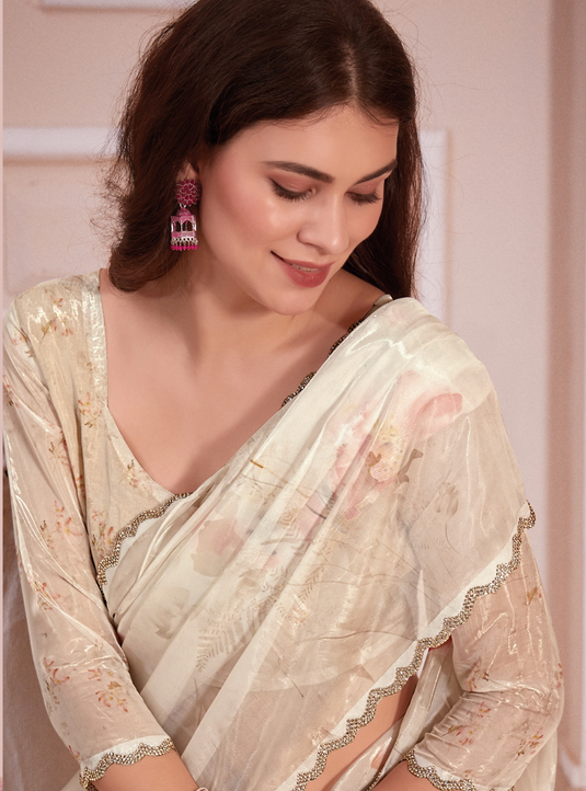 Beige Effortless Premium Metallic Organza Floral Digital Printed Saree