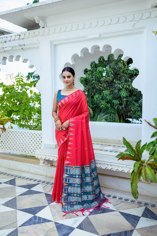 Red Soft Tussar Silk Zari Weaving Ikkat Pallu Saree