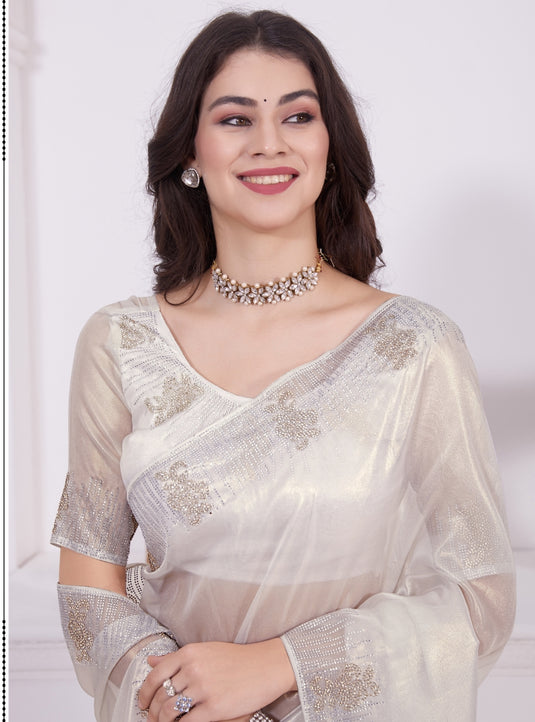 White Graceful Premium Metallic Organza Stone Work Saree