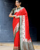 Red Banarasi Soft Silk Zari Weaving Paithani Saree With Beautiful Contrast Peacock Border