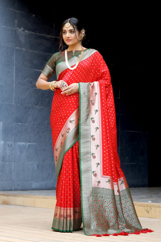 Red Banarasi Soft Silk Zari Weaving Paithani Saree With Beautiful Contrast Peacock Border