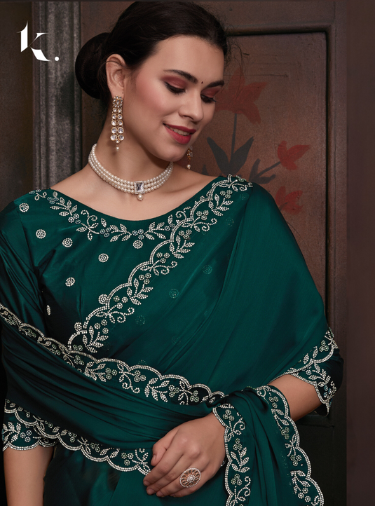 Bottle Green Elegant Premium Satin Silk Swarovski Work Saree