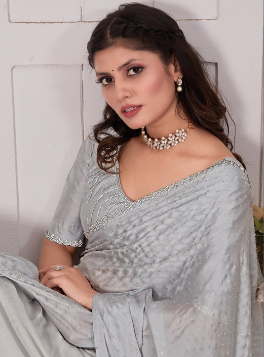 Grey Majestic Premium Satin Swarovski Work Saree