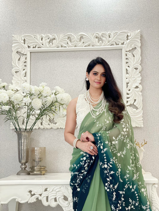 Green Georgette Silk Sequence Embroidered Work Saree