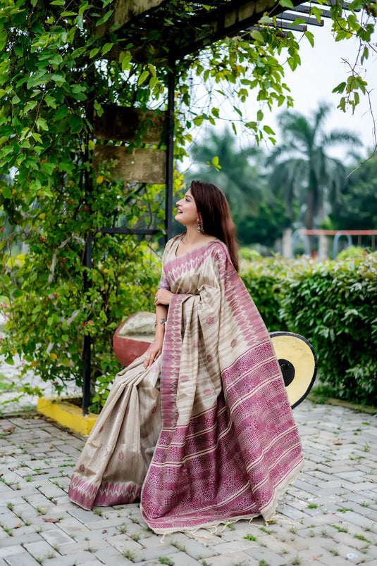 Beige-Mauve Classic Tussar Silk Traditional Weaving Pattern Saree