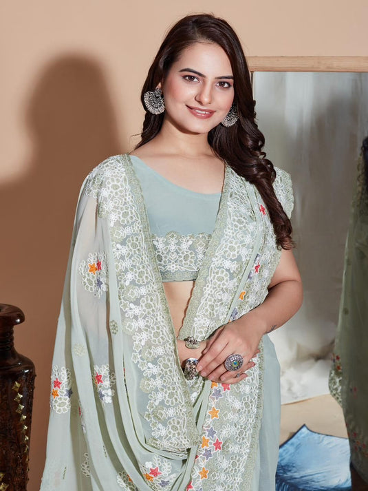 Light Green Soft Georgette Thread Embroidered Work Saree