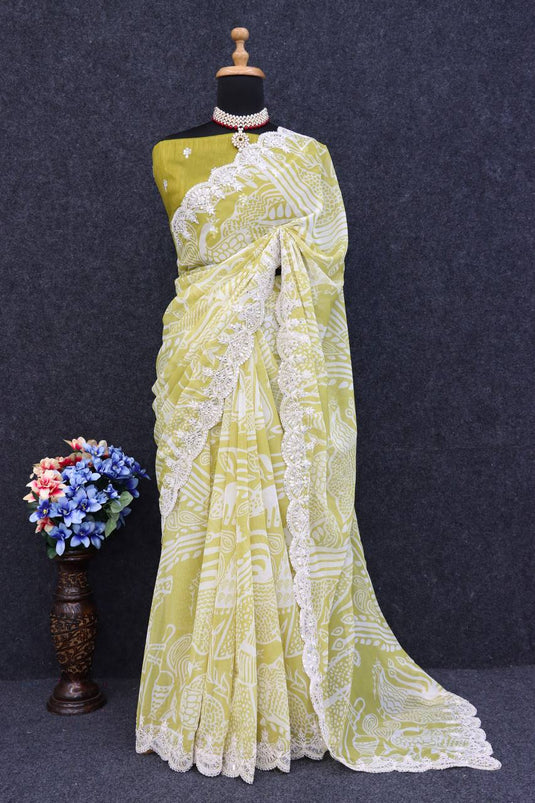 Light Green Abstract Digital Printed Designer Saree