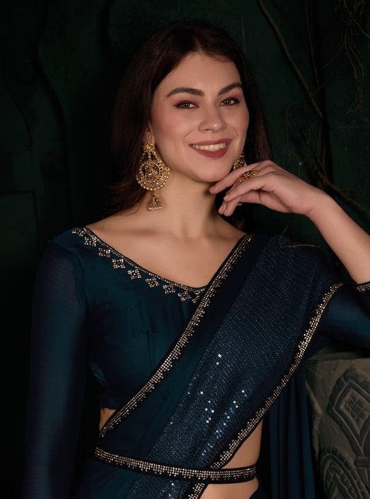 Teal Blue Radiant Premium Satin Sequence Embroidered Work Saree