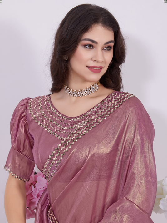 Pink Stunning Premium Metallic Organza Stone Work Saree