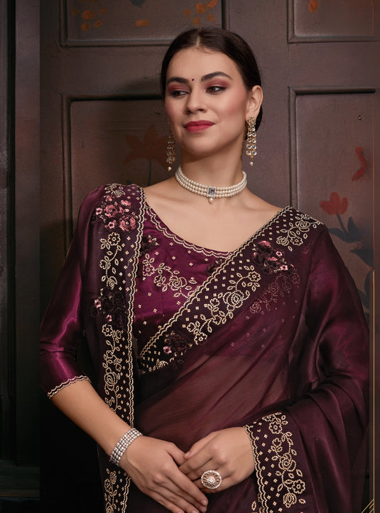 Wine Radiant Premium Metallic Organza Stone Work Saree