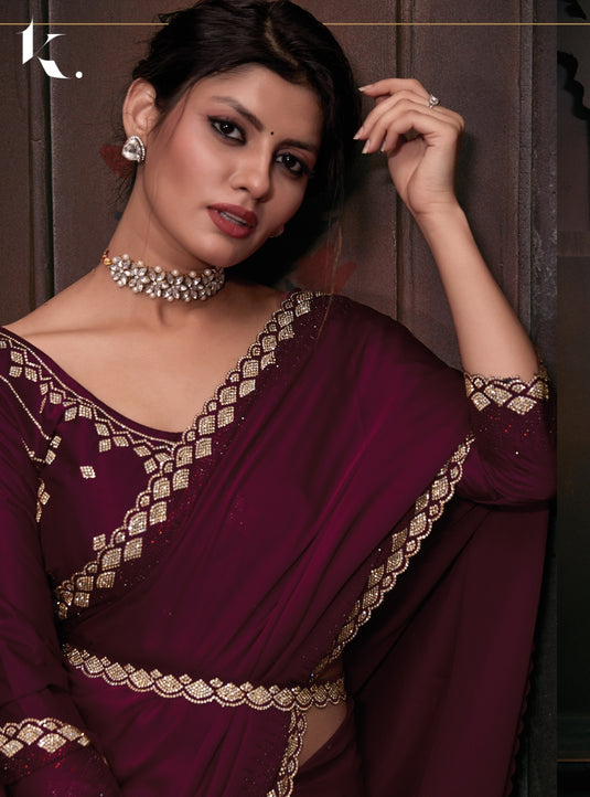 Maroon Radiant Premium Satin Silk Swarovski Work Saree