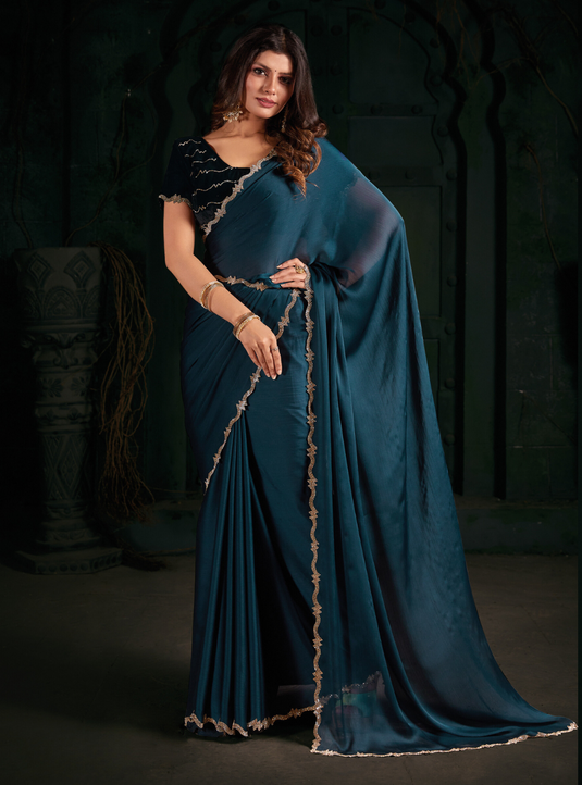 Teal Blue Latest Georgette Silk Plain Handwork Border Saree