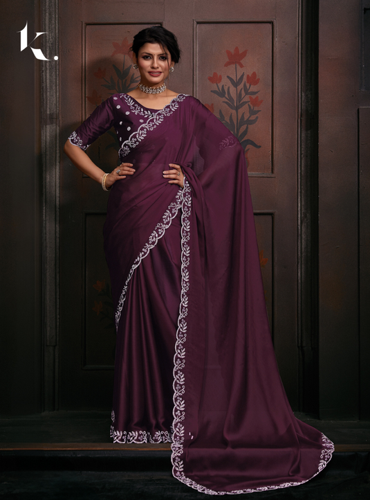 Wine Elegant Premium Satin Silk Swarovski Work Saree