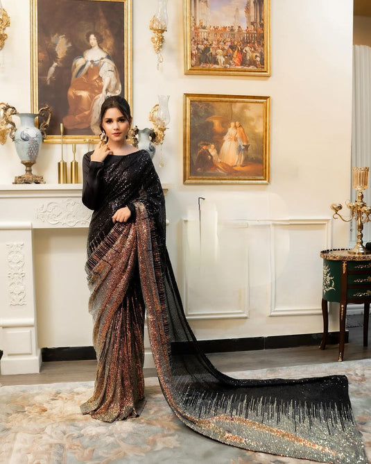 Black Sequence Embroidered Ombre Cocktail Wear Saree