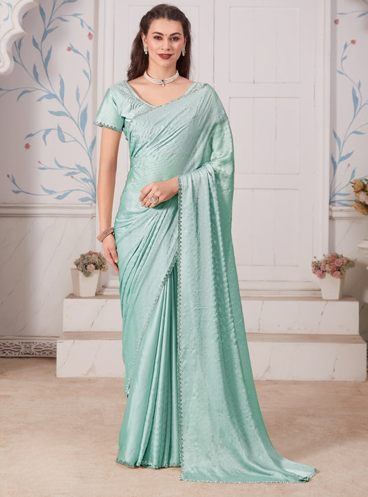 Sky Blue Majestic Premium Satin Swarovski Work Saree