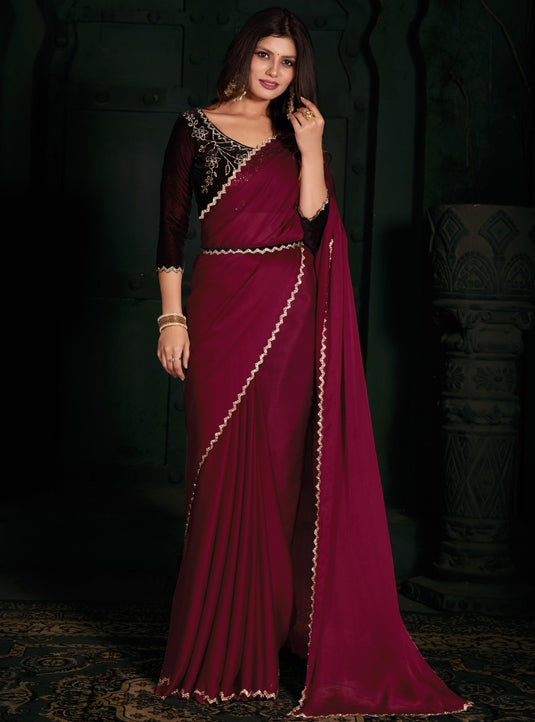 Maroon Radiant Georgette Silk Plain Handwork Border Saree