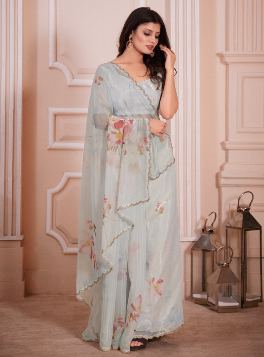 Pastel Blue Effortless Premium Metallic Organza Floral Digital Printed Saree