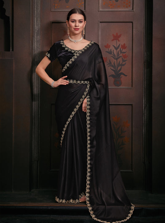 Black Stunning Premium Satin Silk Swarovski Work Saree