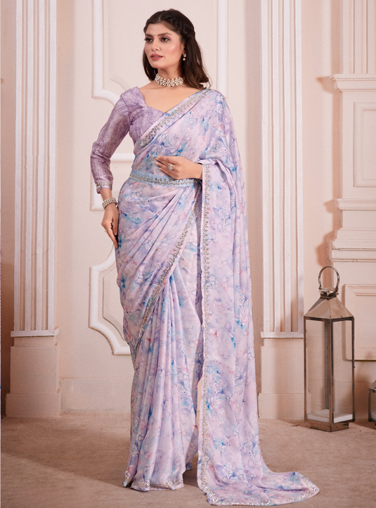 Lavender Radiant Premium Satin Floral Digital Printed Saree