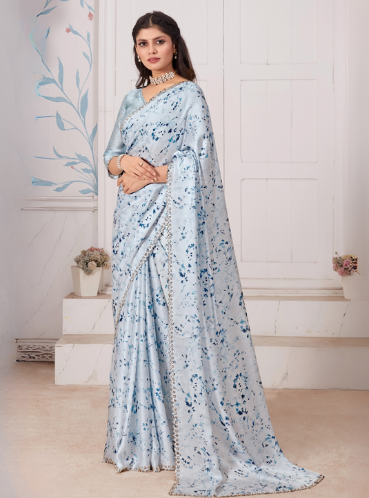 Pastel Blue Elegant Premium Satin Floral Digital Printed Saree