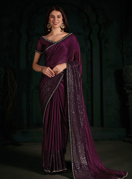 Violet Radiant Premium Satin Sequence Embroidered Work Saree