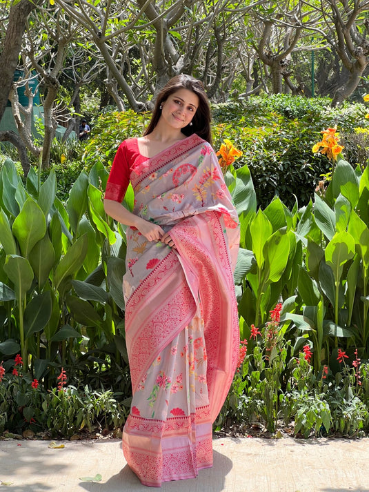 Sand Soft Banarasi Silk Floral Digital Printed Zari Weaving Border Saree