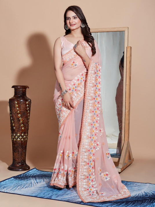 Peach Soft Georgette Thread Embroidered Work Saree