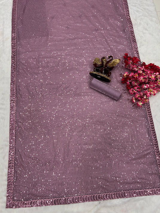 Purple Premium Georgette Sequence Embroidered Work Saree