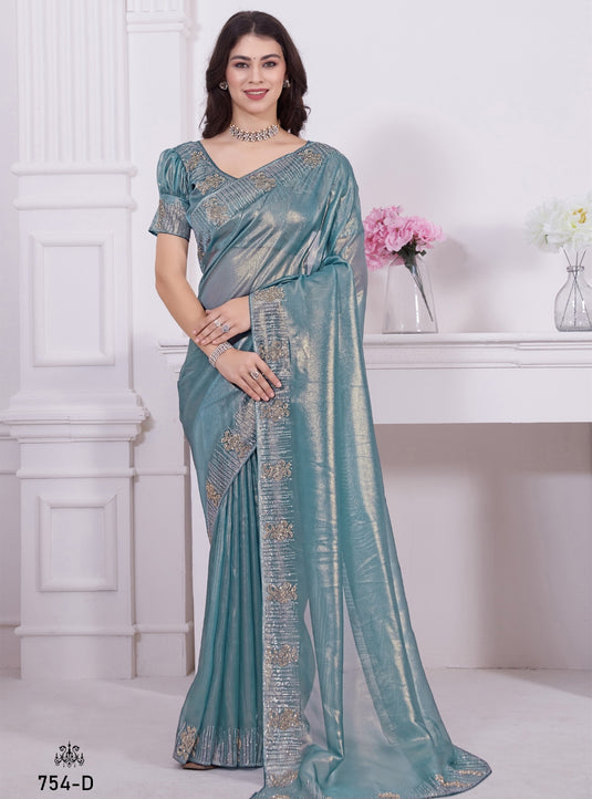 Teal Blue Graceful Premium Metallic Organza Stone Work Saree