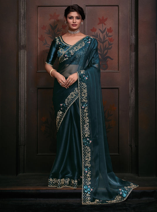 Teal Blue Radiant Premium Metallic Organza Stone Work Saree