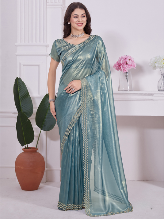 Sky Blue Stunning Premium Metallic Organza Stone Work Saree