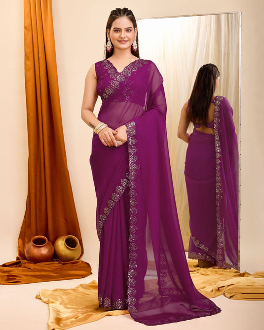 Wine Taby Organza Silk Copper Sequence Work Saree