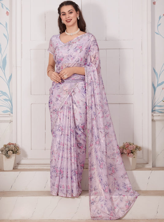 Lavender Radiant Premium Metallic Organza Floral Digital Printed Saree