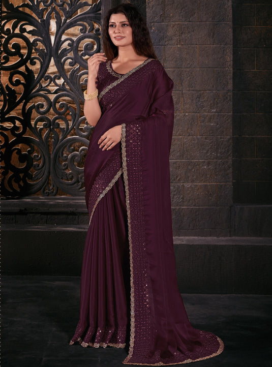 Wine Graceful Chiffon Thread Embroidered Stone Work Saree