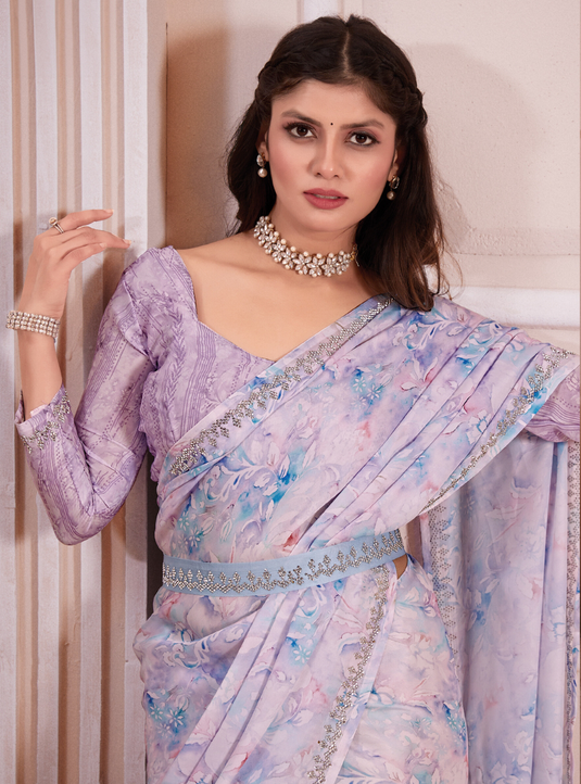 Lavender Radiant Premium Satin Floral Digital Printed Saree